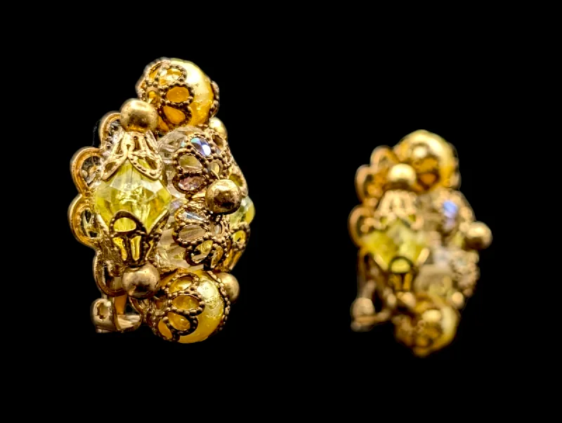 vintage drop earrings -1950s Honey Cluster Aurora Borialis Bead Earrings