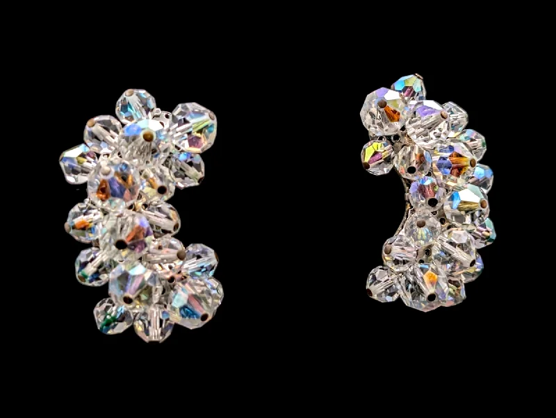 multi-colored gemstone earrings -1950s Laguna Aurora Borialis Crescent Cluster Diamond Costume Earrings