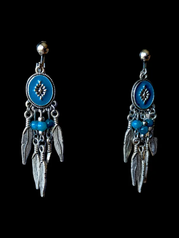 vintage gold leaf earrings -Vintage Boho Silver Feather Earrings with Blue Enamel Clip On