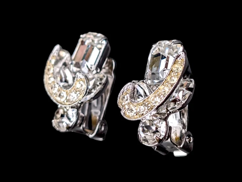 silver crescent moon earrings -1950s Weiss Crystal Rhinestone Earrings with Gold Ribbon Accents