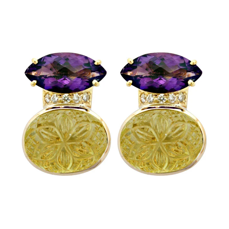 oxidized silver earrings -Earrings- Amethyst, Lemon Quartz And Diamond (1854G)