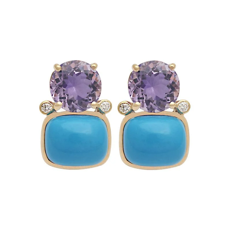 art deco diamond earrings -Earrings-Amethyst, Synthetic Turquoise and Diamond  (2124I)