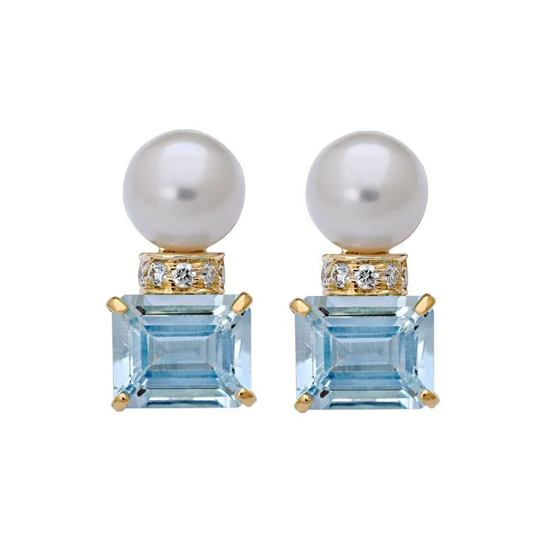 crystal stud earrings for brides -Earrings-Aquamarine, South Sea Pearl and Diamond  (2150F)