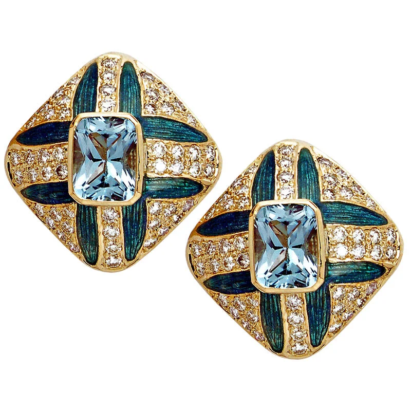 luxury diamond hoop earrings -Earrings- Blue Topaz And Diamond (Enamel) (1228M)