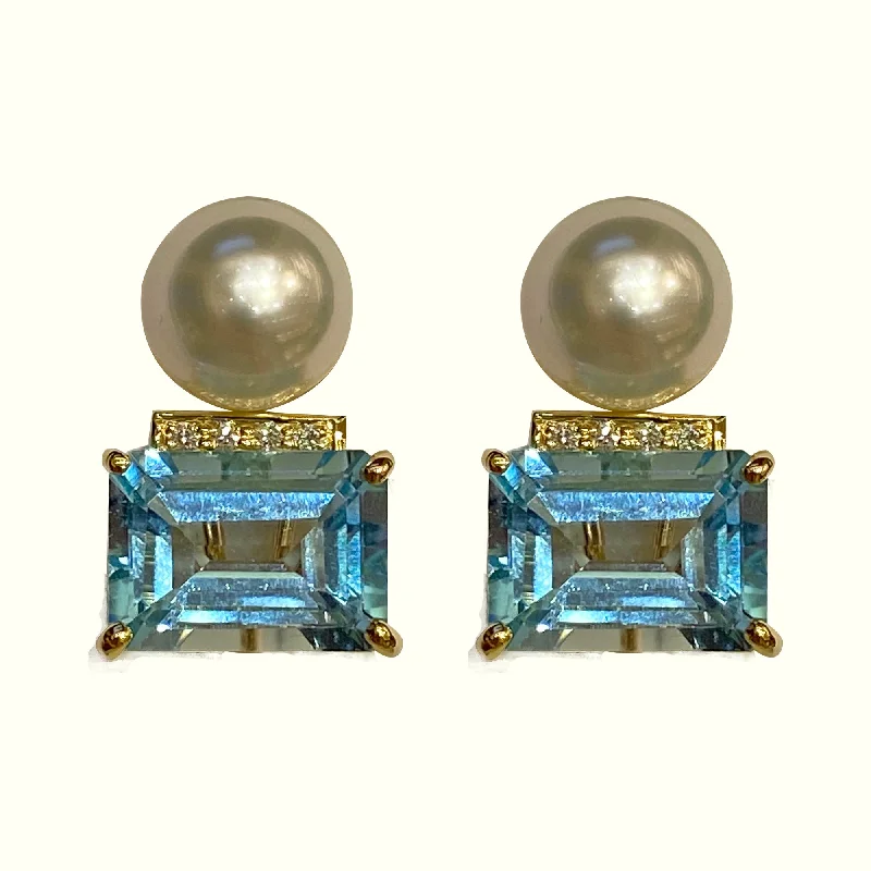 moonstone stud earrings -Earrings - Blue Topaz, South Sea Pearl and Diamond in 18k Gold