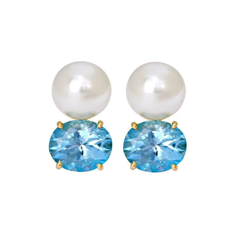 luxury pearl stud earrings -Earrings- Blue Topaz and South Sea Pearl  (2182C)