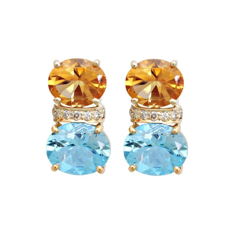 multi-layered drop earrings -Earrings-Blue Topaz, Citrine and Diamond  (1784E)