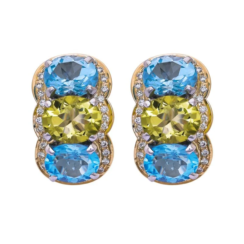 custom birthstone earrings -Earrings- Blue Topaz, Lemon Quartz and Diamond  (38GM)