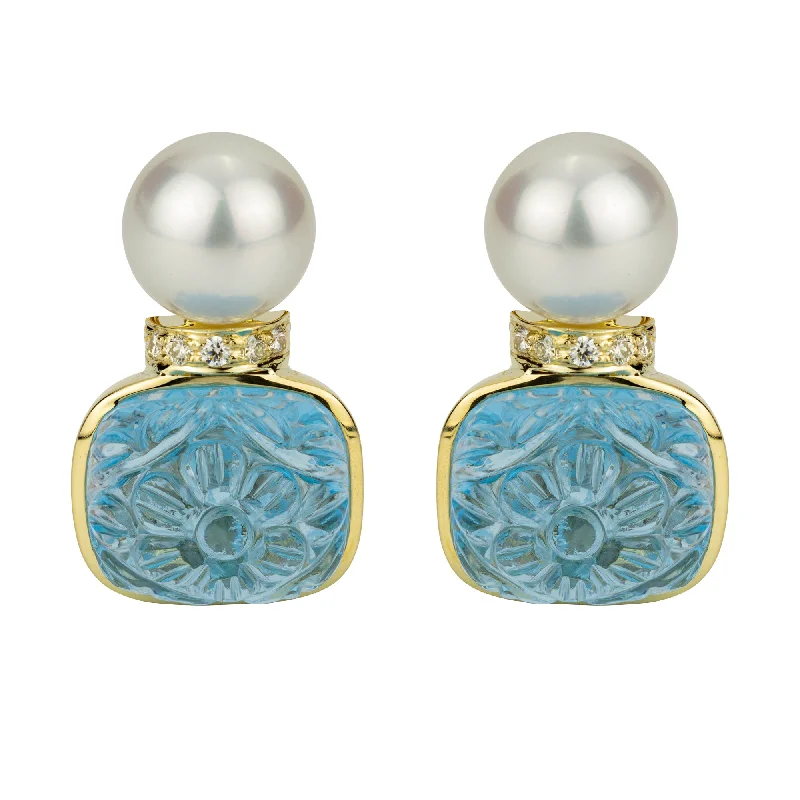 minimalistic gold earrings -Earrings - Blue Topaz , South Sea Pearl And Diamond