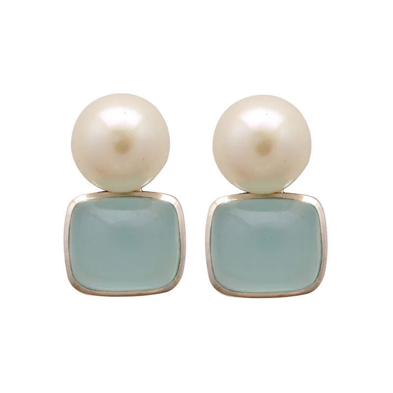 diamond drop earrings -Earrings-Chalcedony and Fresh Water Pearl