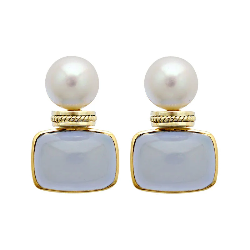 moonstone stud earrings -Earrings-Chalcedony and South Sea Pearl