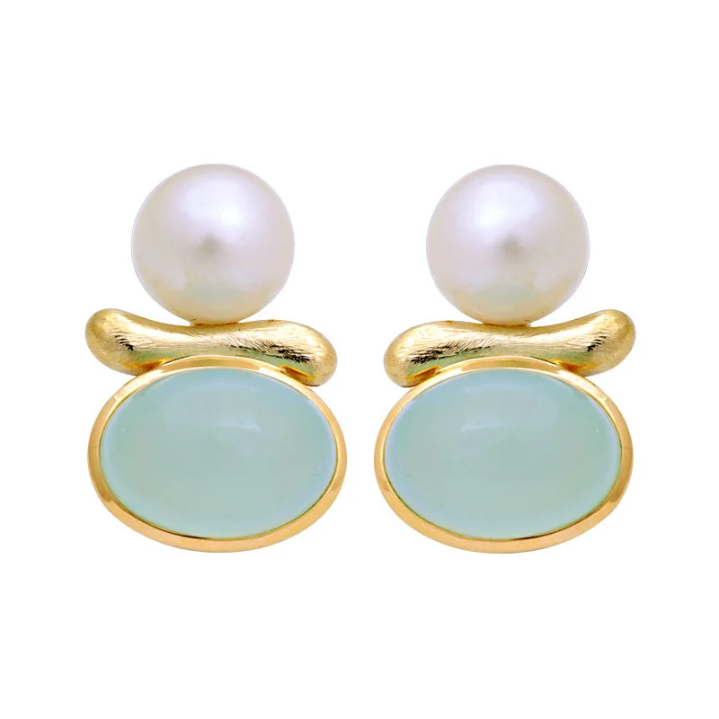 gold huggie hoop earrings -Earrings-Chalcedony and South Sea Pearl