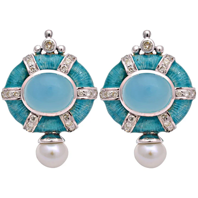 gold-plated stud earrings -Earrings-Chalcedony, Fresh Water Pearl and Diamond (Enamel)