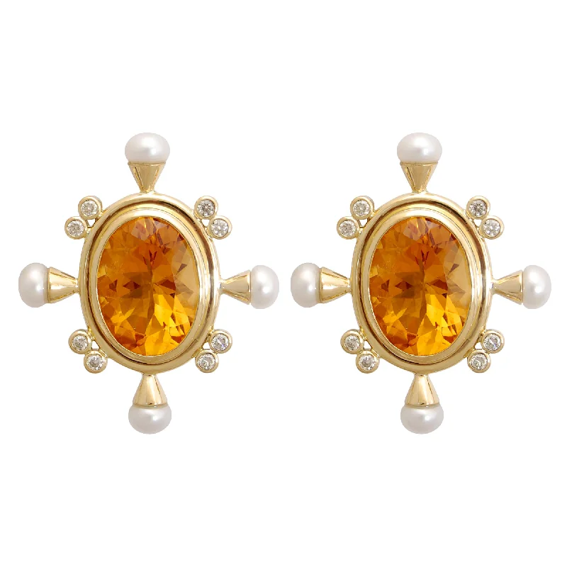 sterling silver drop earrings -Earrings - Citrine, Pearl And Diamond (1779A)