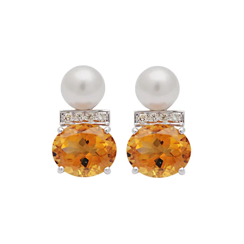 gemstone stud earrings -Earrings-Citrine, South Sea Pearl and Diamond