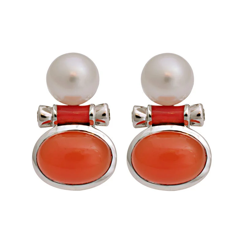 gemstone drop earrings -Earrings- Cornelian, South Sea Pearl And Diamond (Enamel) (181GS)