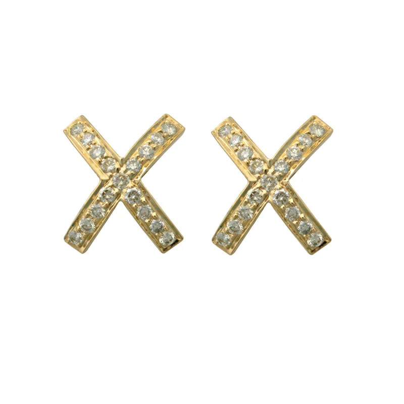 gold bar stud earrings -Earrings-Diamond