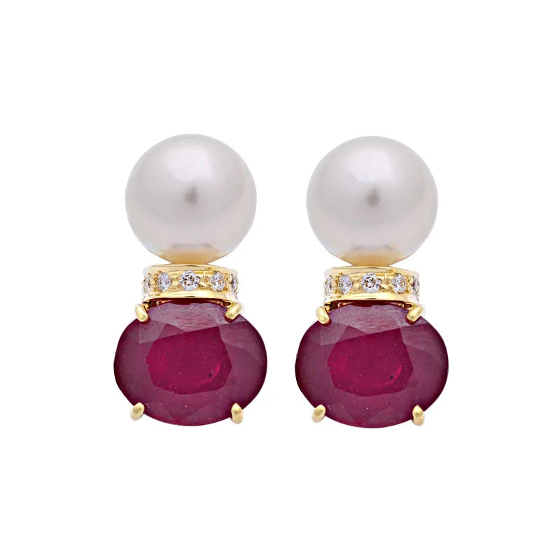 vintage inspired chandelier earrings -Earrings-Glass Filled Ruby, South Sea Pearl and Diamond