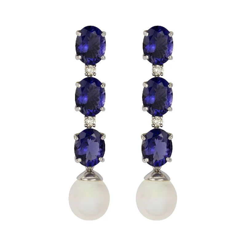 stacked gold bar earrings -Earrings - Iolite, South Sea Pearl & Diamond