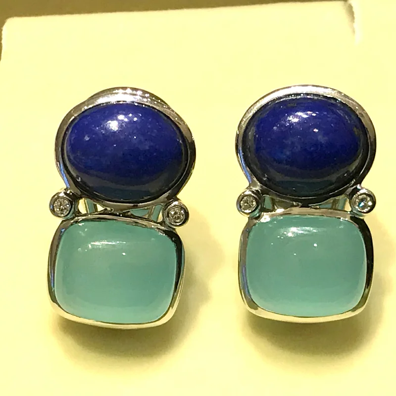 silver and gold combo earrings -Earrings - Lapis Lazuli, Chalcedony & Diamond in Silver