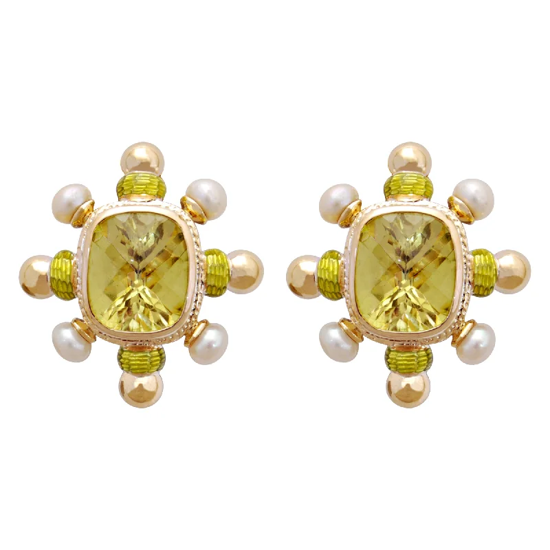 gold bar stud earrings -Earrings- Lemon Quartz And Pearl (enamel) (1815A)