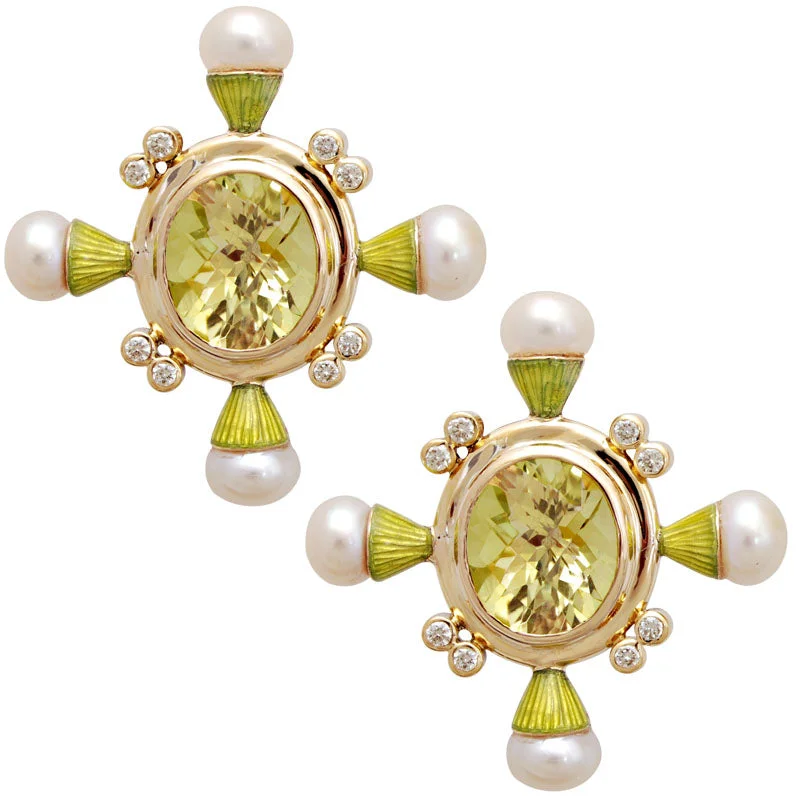 birthstone stud earrings -Earrings- Lemon Quartz, Pearl And Diamond(enamel) (1780E)