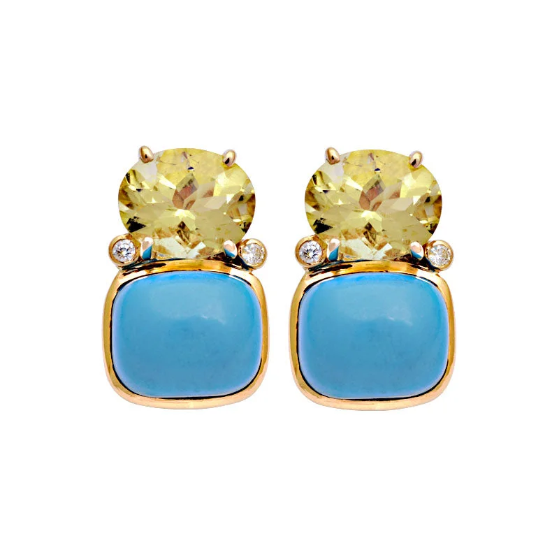 butterfly-shaped earrings -Earrings- Lemon Quartz, Synthetic Turquoise And Diamond (2126C)