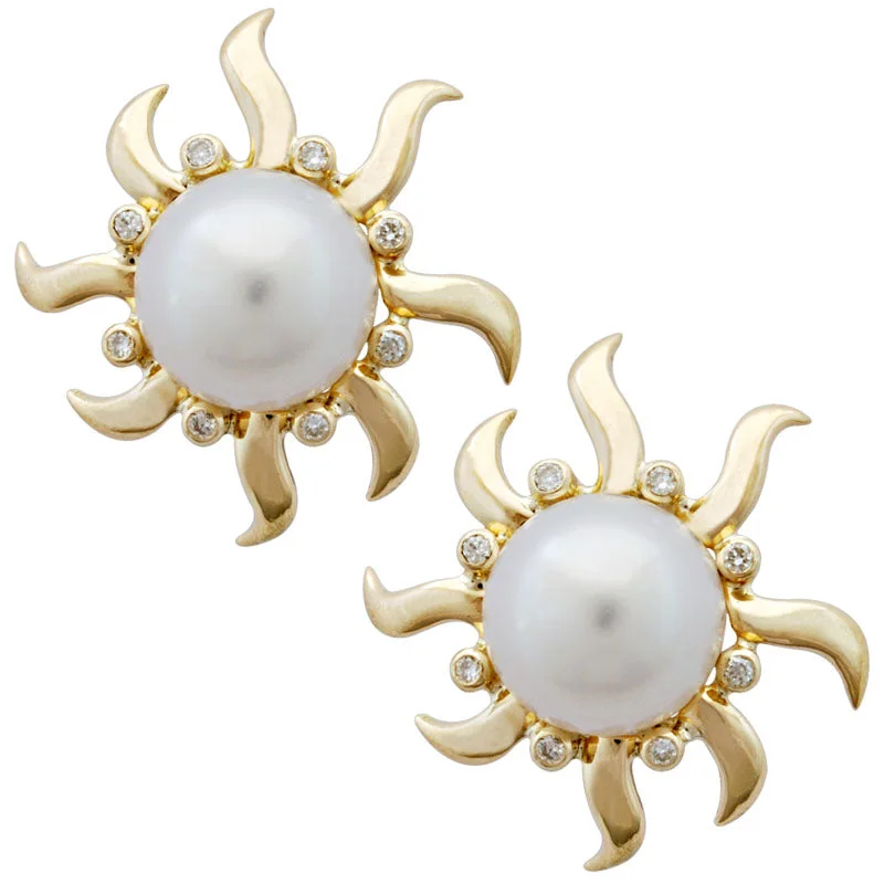 14k gold diamond earrings -Earrings- Pearl And Diamond (1907D)