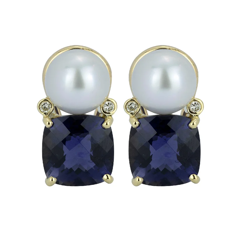 flower-shaped gold earrings -Earrings - Pearl And Iolite With Diamond