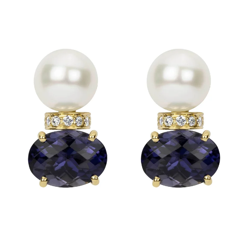 custom birthstone earrings -Earrings - Pearl, Iolite And Diamond