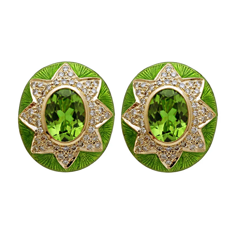 moonstone stud earrings -Earrings-peridot And Diamond (enamel) (1119I)