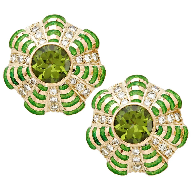 geometric shape earrings -Earrings- Peridot And Diamond (Enamel) (1243B)