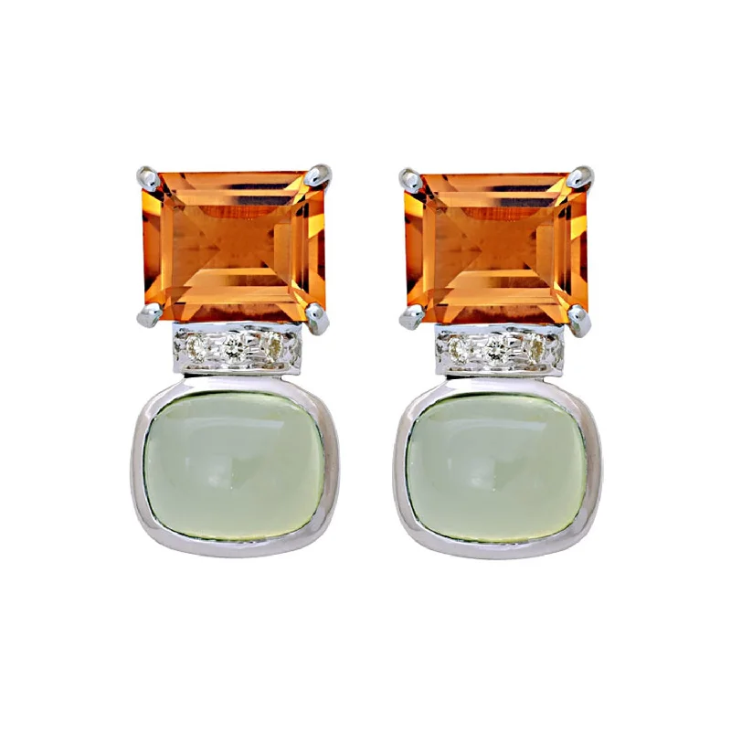 gold-plated stud earrings -Earrings- Prehnite, Citrine And Diamond (213KS)