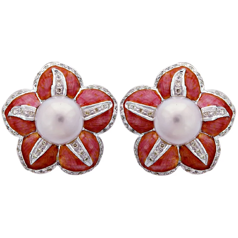 bold statement earrings -Earrings- S.S. Pearl And Diamond (enamel) (100CS)