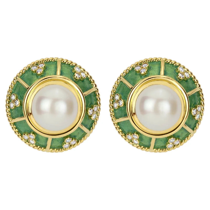 floral design stud earrings -Earrings- South Sea Pearl And Diamond (enamel) (1851B)