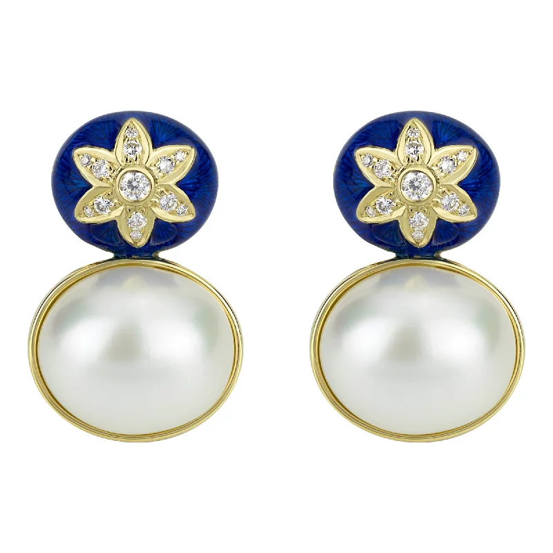 art deco style earrings -Earrings - South Sea Pearl And Diamond (enamel)