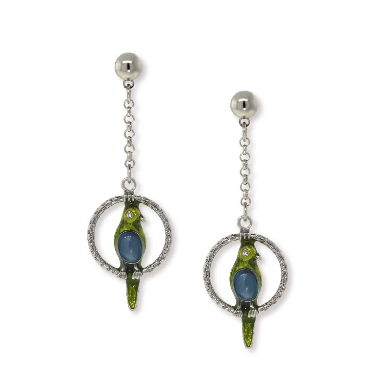 silver ear cuff earrings -1928 Jewelry® Pewter Hoops With Blue & Green Enamel Parrot Drop Chain Earrings