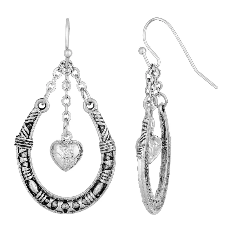 bohemian style earrings -1928 Jewelry® Pewter Horseshoe With Hanging Heart Earring