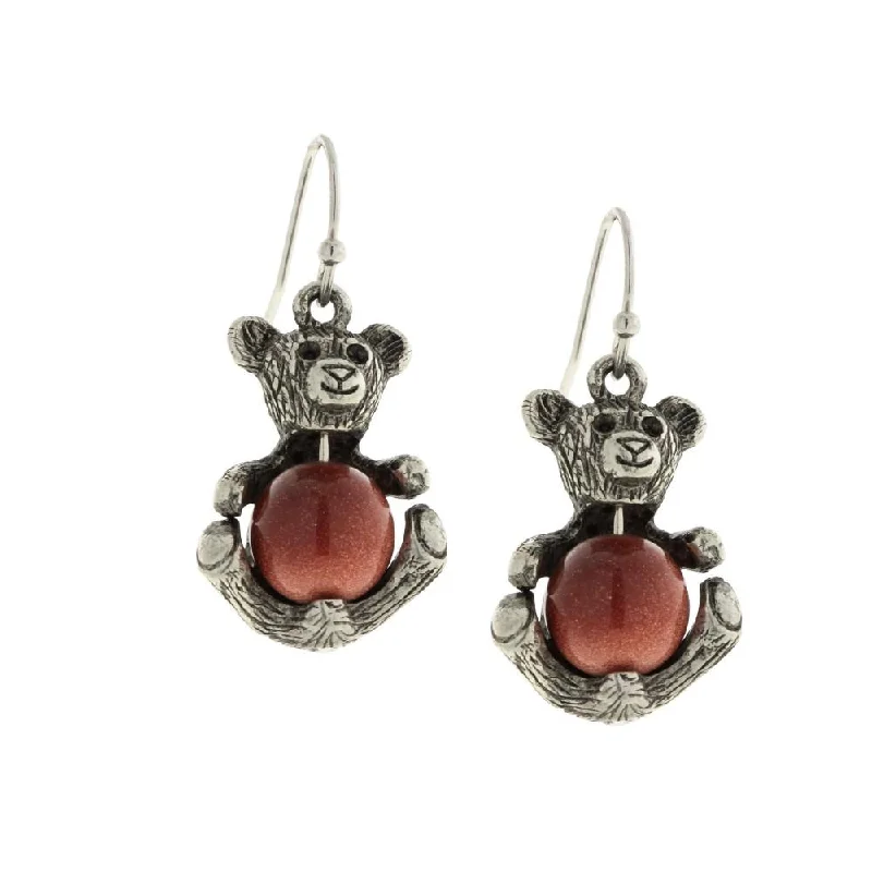 gold-plated stud earrings -1928 Jewelry® Pewter Round Semi Precious Gold Stone Teddy Bear Wire Earrings