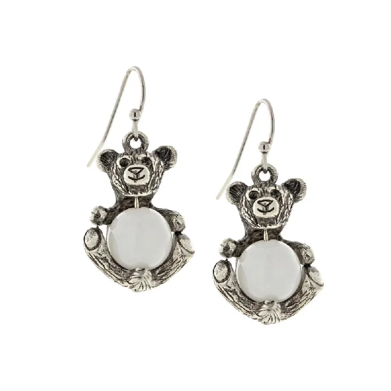 men’s silver hoop earrings -1928 Jewelry® Pewter Round Semi Precious White Quartz Teddy Bear Wire Earrings