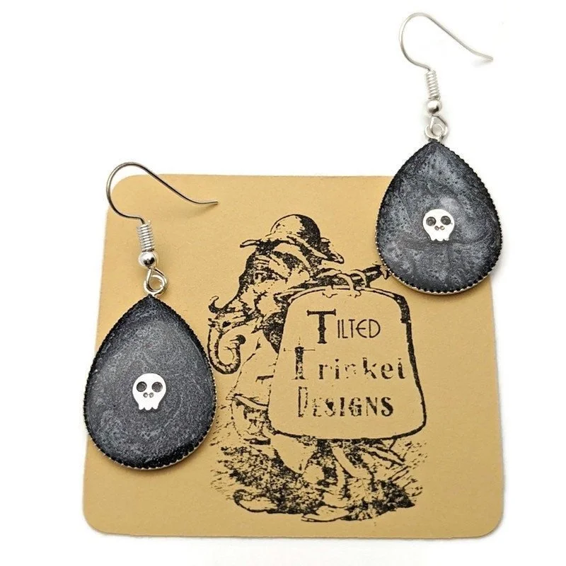 long tassel earrings -Black Silver Skull Drop Earrings