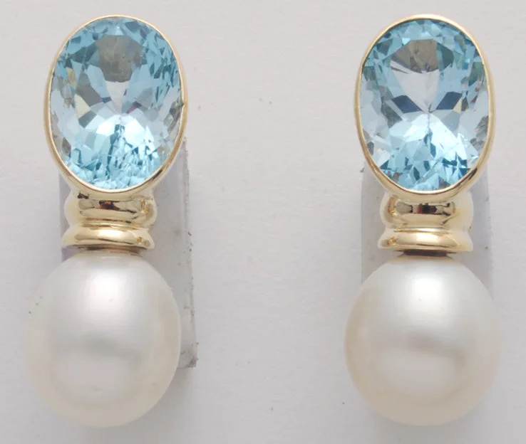 asymmetrical hoop earrings -Repair - Earrings - Blue Topaz and Pearl in 18K gold (1636B)