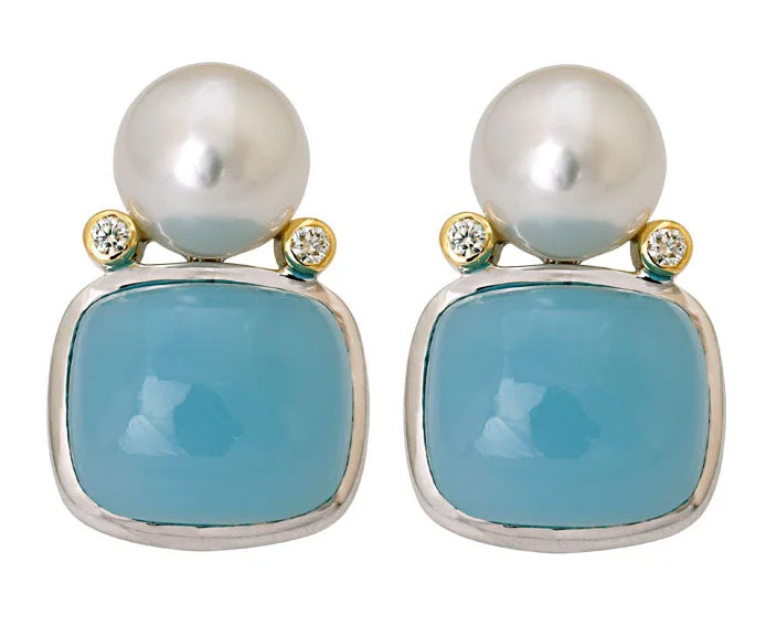 silver and gold combo earrings -Repair - Earrings - Chalcedony, South Sea Pearl and Diamond (15HM)