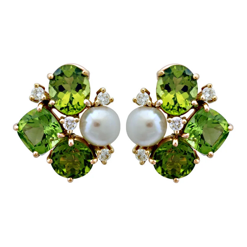 custom name earrings -Repair - Earrings - Peridot and Pearl with Diamond in 18K gold (SKU : 1902D)