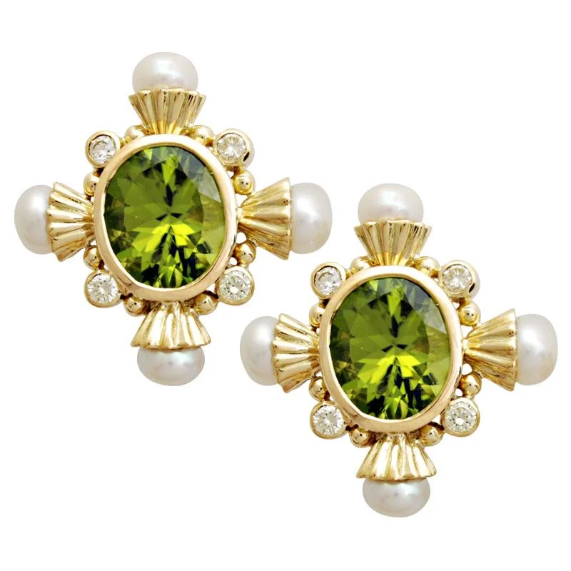 celestial star and moon earrings -Repair - Earrings-Peridot , Pearl and Diamond  (1658K)