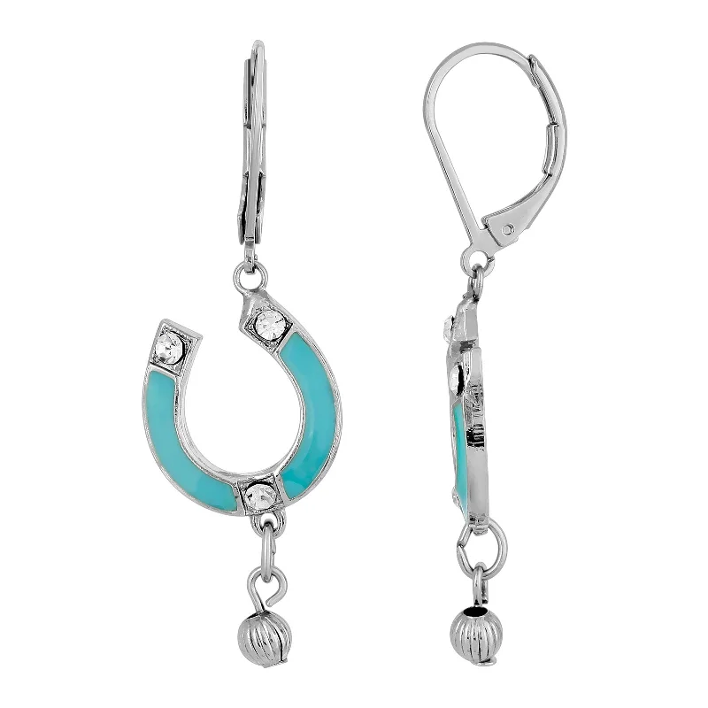 silver crescent moon earrings -1928 Jewelry® Silver-Tone Enamel Turquoise Color With Crystal Accents Horsehoe Drop Earrings