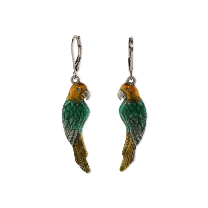 pearl cluster earrings -1928 Jewelry® Silver Tone Green/Yellow  Hand Enamel Parrot Earrings