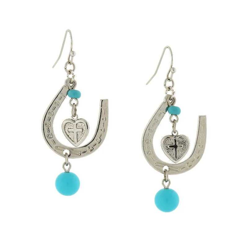 large silver hoop earrings -1928 Jewelry® Silver-Tone Imitiation Turquoise Horseshoe And Suspended Heart Drop Earrings