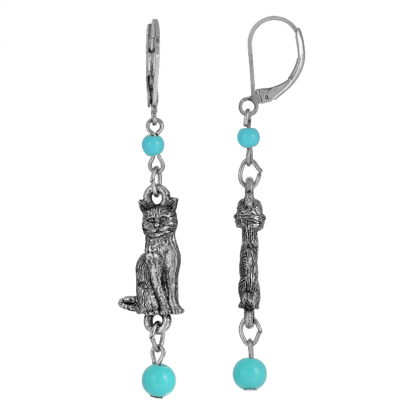 abstract design earrings -1928 Jewelry® Silver Tone Turquoise Bead Cat Drop Earrings