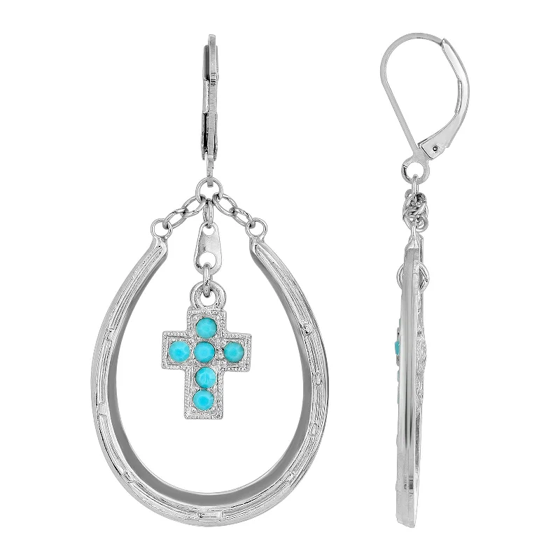 dangling gemstone earrings -1928 Jewelry® Silver Tone Turquoise Cross Horseshoe Earrings